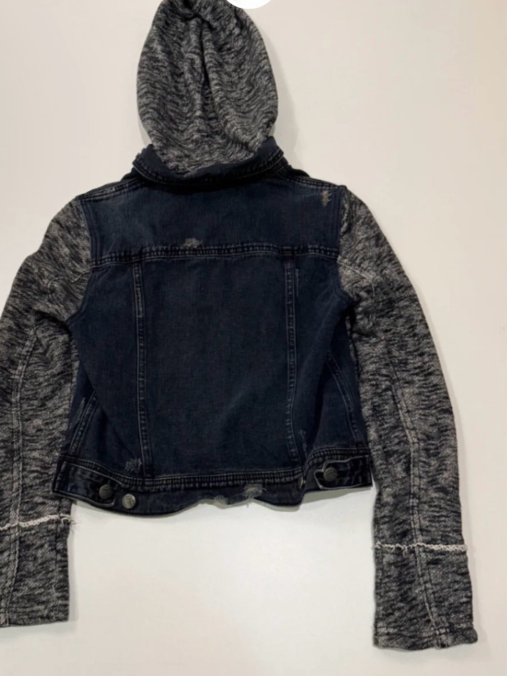 Free People Denim Knit Sleeve Hooded Jacket Distressed Dark Wash Size L - Picture 3 of 9